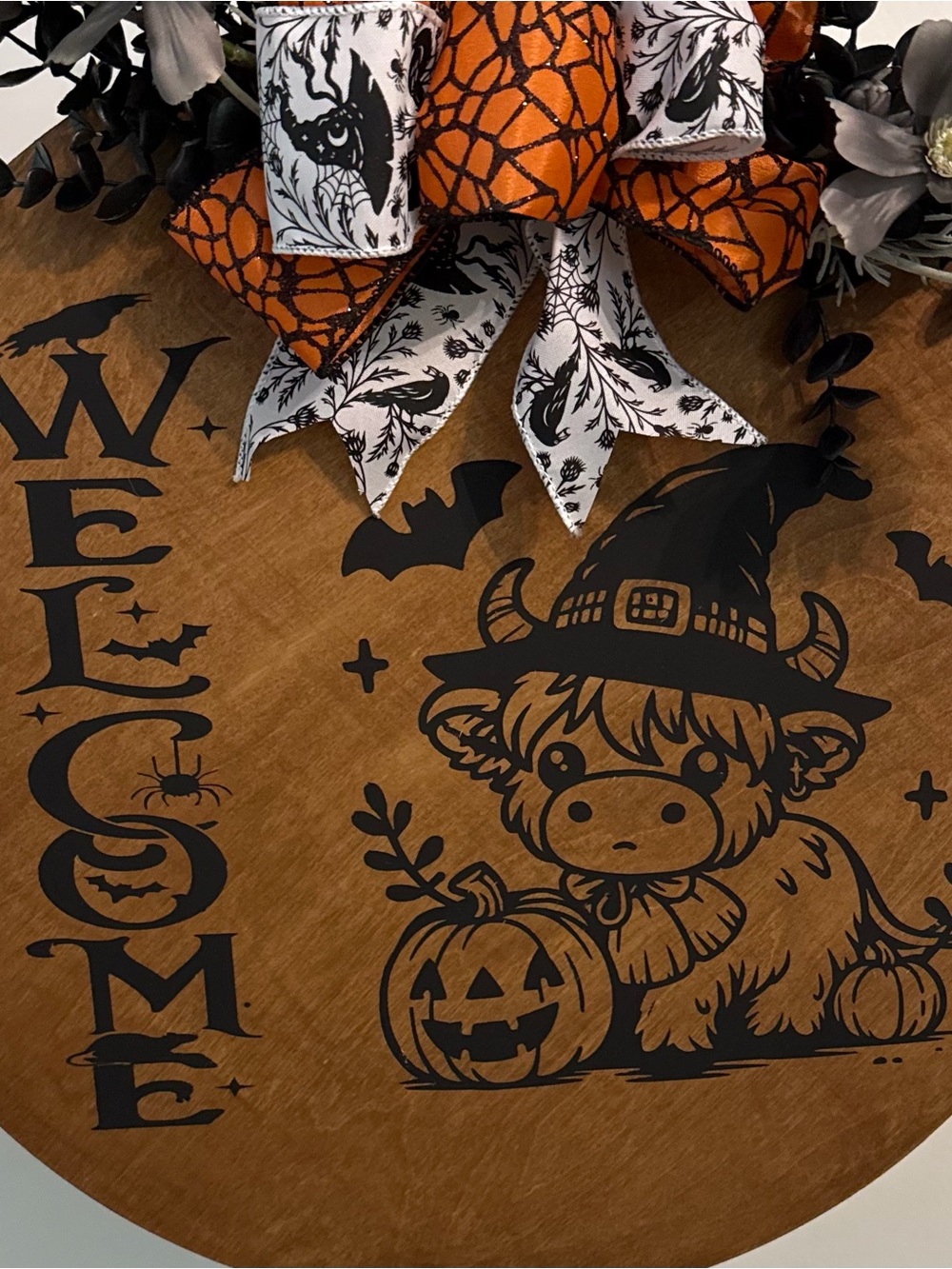 Orange and Black Halloween Highland Cow Door Sign - Brand